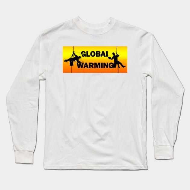 Global Warming - Typography, Two Window Cleaners Wiping Away The Word, Hot Orange Background Long Sleeve T-Shirt by Earthworx